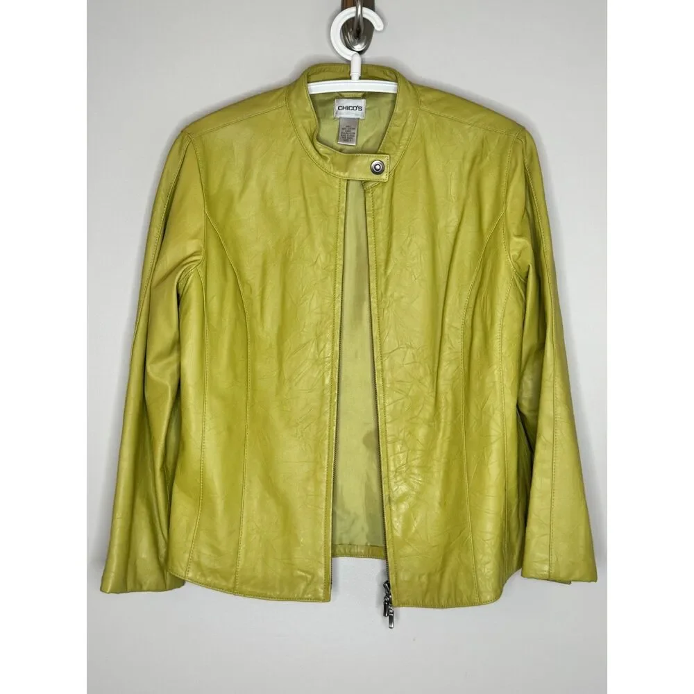 Chico's Lime Green 100% Leather Jacket Moto Zip Snap Collar Size 1 M/L - Picture 2 of 7